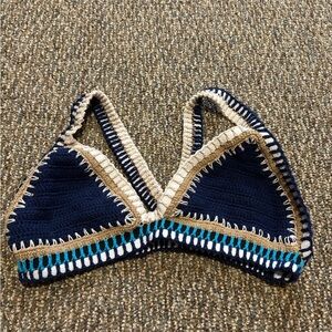 Crochet Bikini Top in Navy and Tan